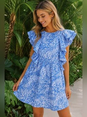 Zara Bloggers Fave Blue Floral Garden Ruffle Mini Dress 100% Cotton Size L